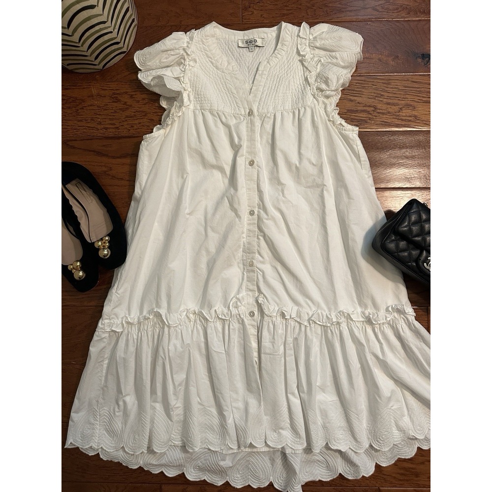 SEA New York Heidi Heart Quilt Petal Sleeve Tiered Tunic Dress White Large